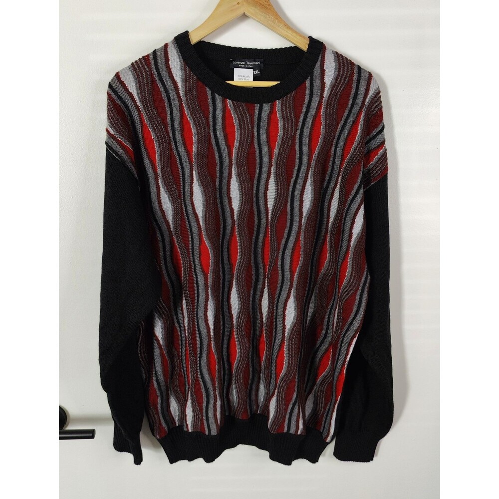 Lorenzo Tavernari Coogi Style Wool Acrylic Sweater XXL 3D Knit Cosby Red Black